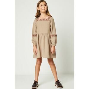 HAYDEN Taffy Khaki Woven Midi Dress Featuring Red Embroidery Small NEW